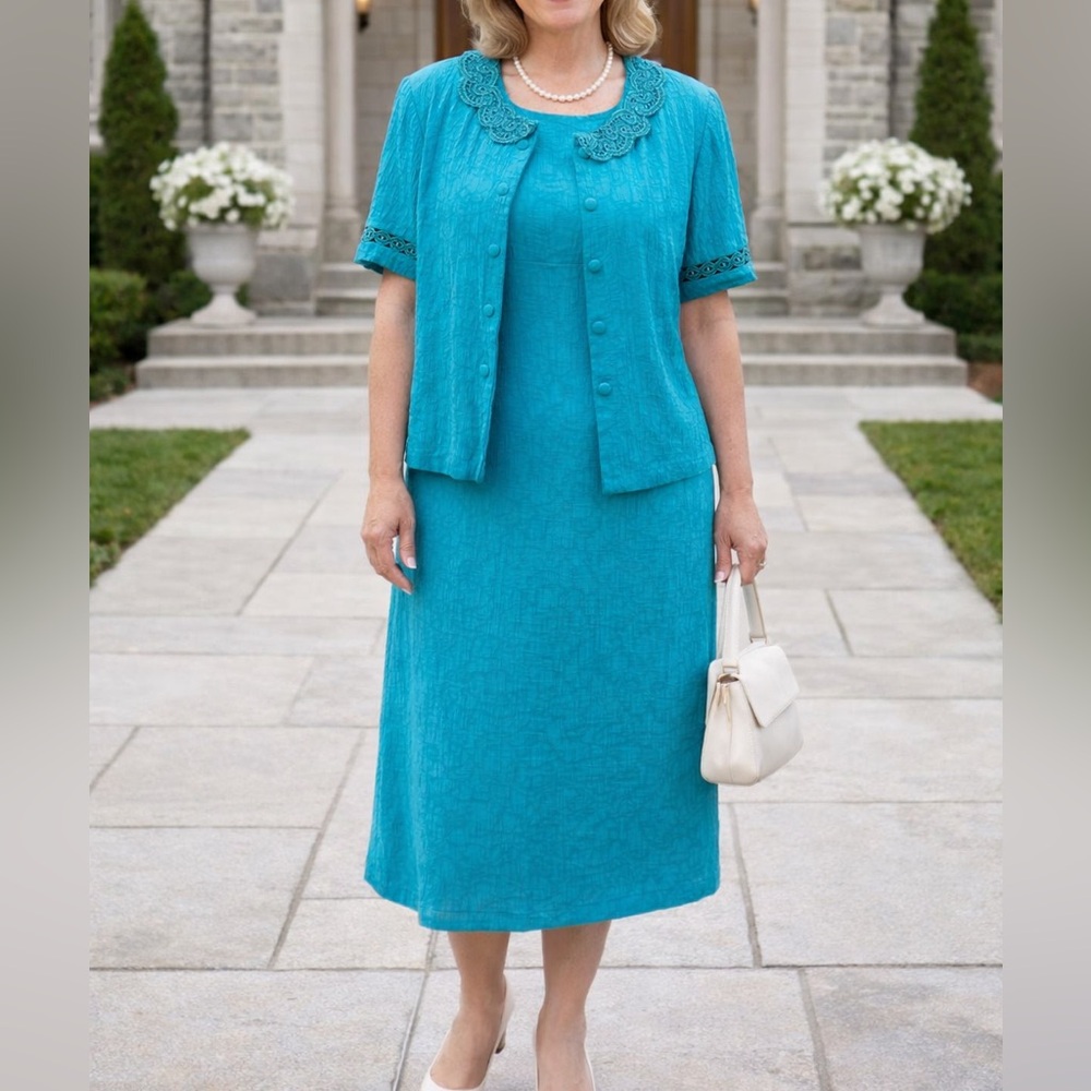 80’s Karin Stevens Petite 2-Piece Sheath Dress & Lace Jacket Set 20WP Teal